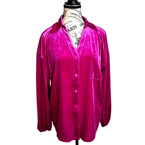 JODIFL oversized Pink Velvet Blouson Sleeve Blouse small button front - Picture 1 of 8